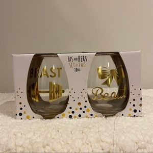 NWT his and hers beauty and the best stemless wine glass set